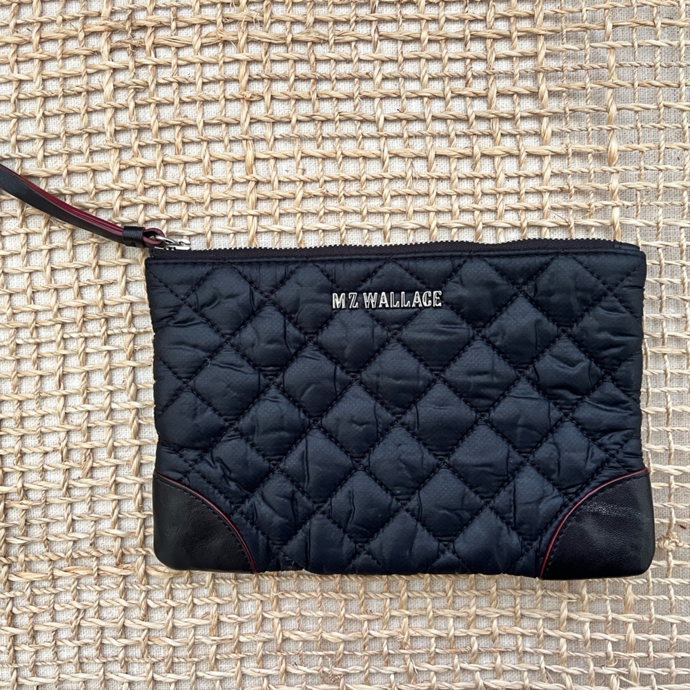 MZ Wallace Black Quilted Wristlet Clutch with Red Trim